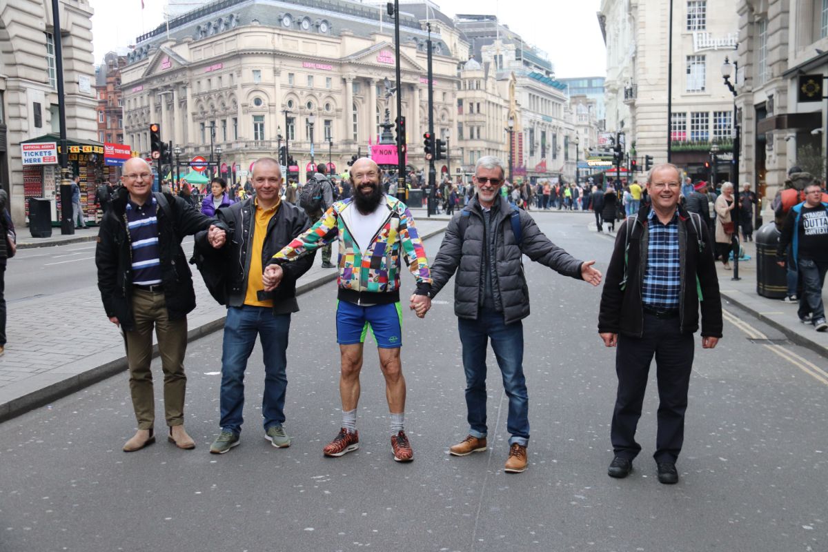 Our merry band spanning Piccadilly in a way that would normally not be advisable