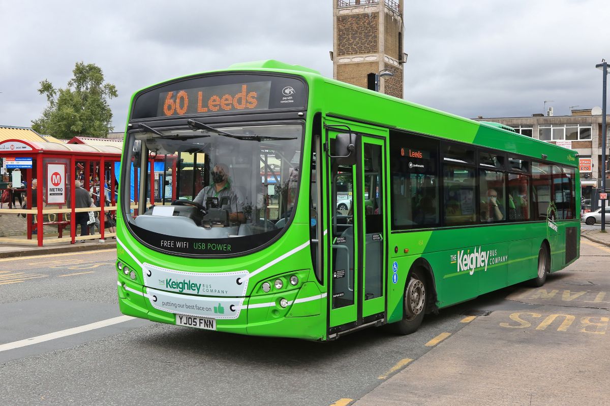 The pseudo face mask is also carried by this Keighley and District Volvo B7RLE operating in Bradford Metropolitan Borough where some lockdown measures have been re-imposed
