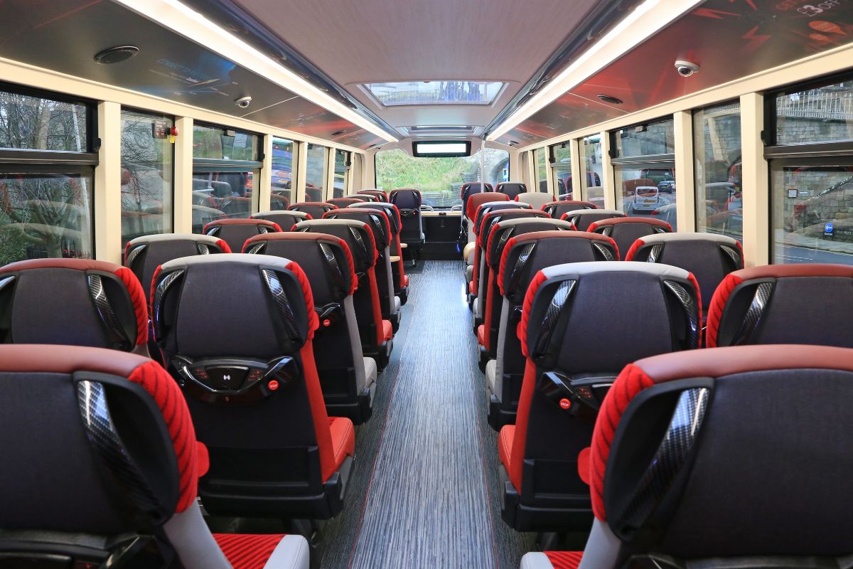 Glass roof panels add to the light and airy upper-deck interior ambience created by the Cityzap colours. 41 Kiel seats, a mixture of single and double are offered