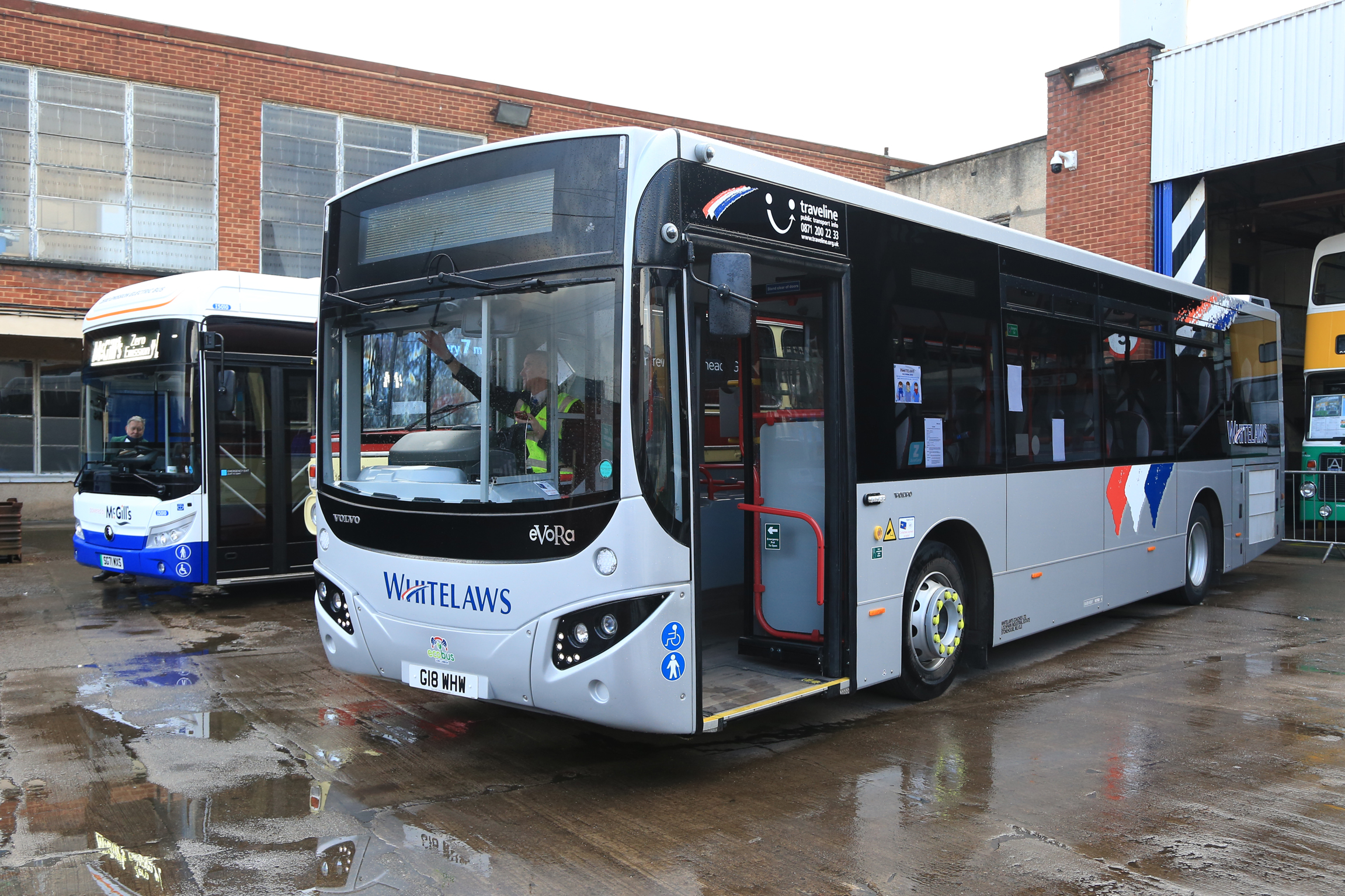 Whitelaws have upgraded half of their service bus fleet in 2021 with 12 short (10.8m) MCV Evo-Ra bodied Volvo B8RLEs. The 12th to be delivered is seen alongside one of McGill’s Yutong E12 electrics in Bridgeton’s visiting vehicle showcase area