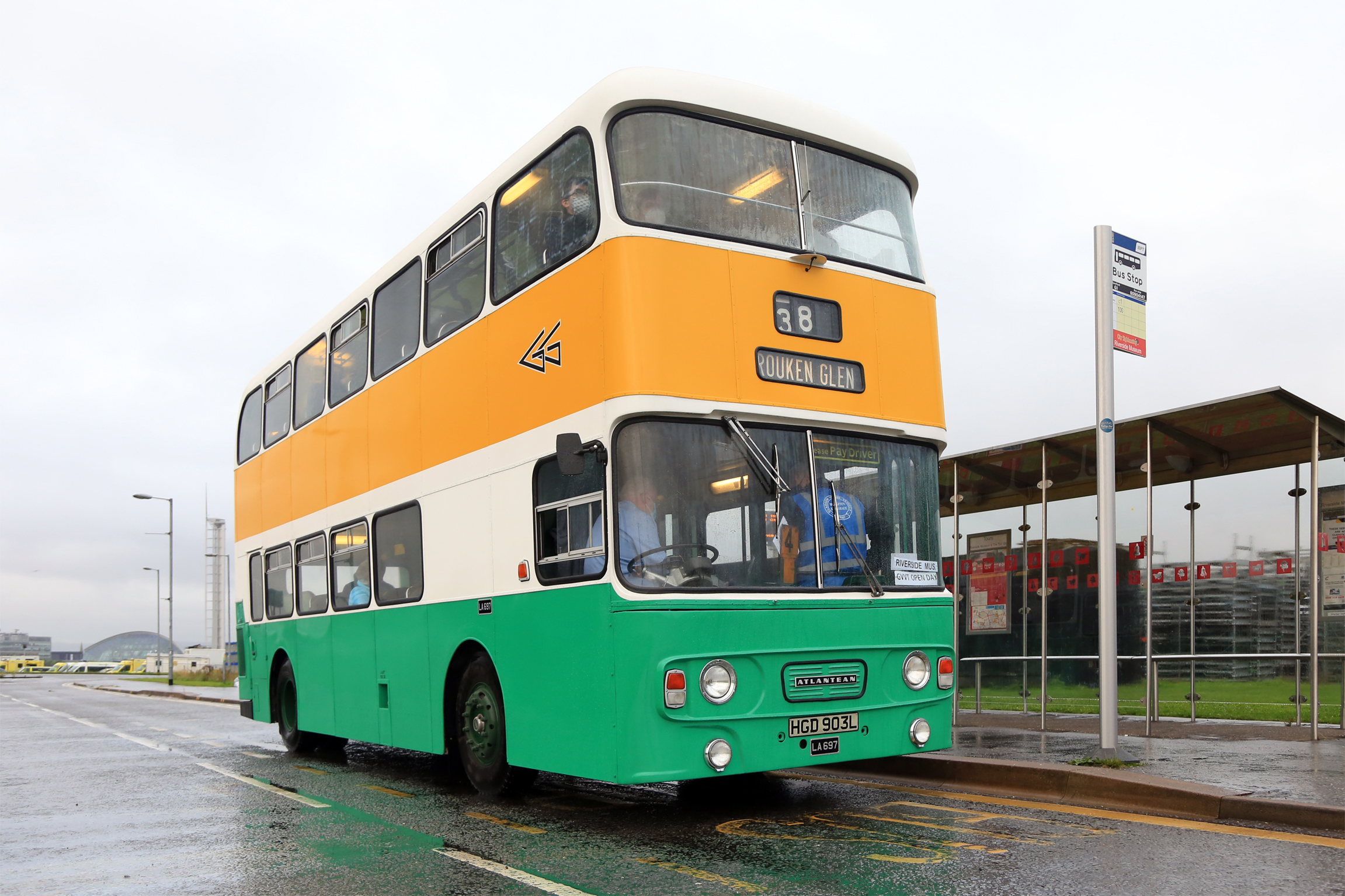 Since 2018, much conservation work has been under undertaken on Kevin Carroll’s 1973 Greater Glasgow PTE Leyland Atlantean, returning it to original condition as far as possible. It was a regular performer on the shuttle to Glasgow’s Riverside museum, seen here in the city centre and at Riverside
