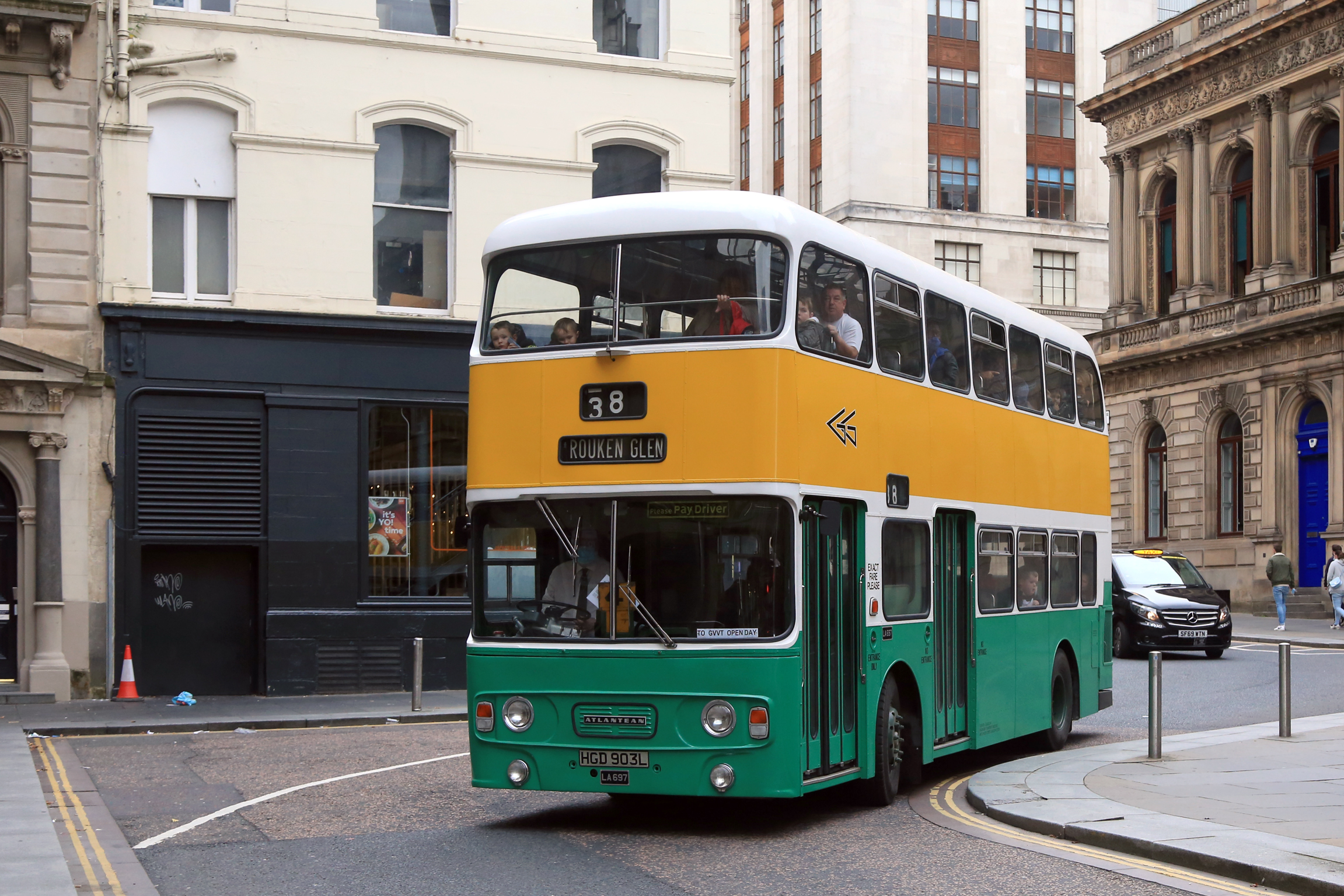 Since 2018, much conservation work has been under undertaken on Kevin Carroll’s 1973 Greater Glasgow PTE Leyland Atlantean, returning it to original condition as far as possible. It was a regular performer on the shuttle to Glasgow’s Riverside museum, seen here in the city centre and at Riverside (2)