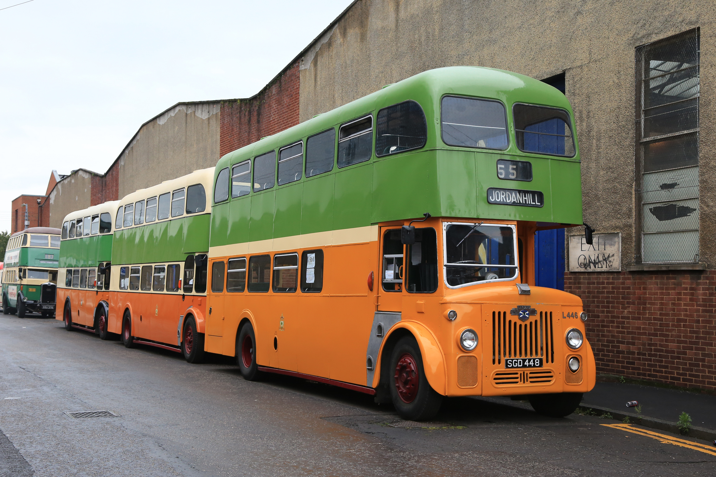 Prior to opening on the Saturday morning, three Glasgow Corporation double-deckers line up outside the museum, led by a 1960 Leyland PD3