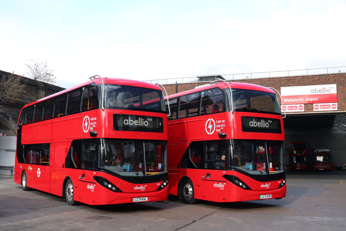 Two of the 29 new Enviro City 400EVs for the 63 outside Abellio’s Walworth depot
