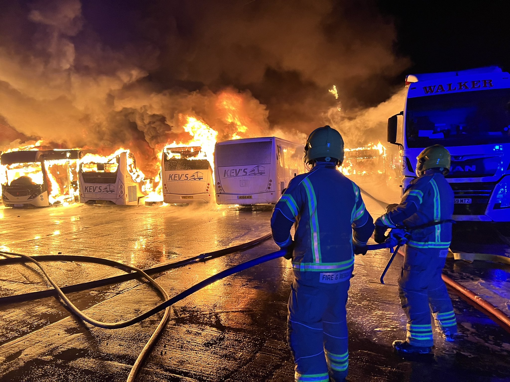 Fire destroys 21 vehicles at Kev’s Coaches