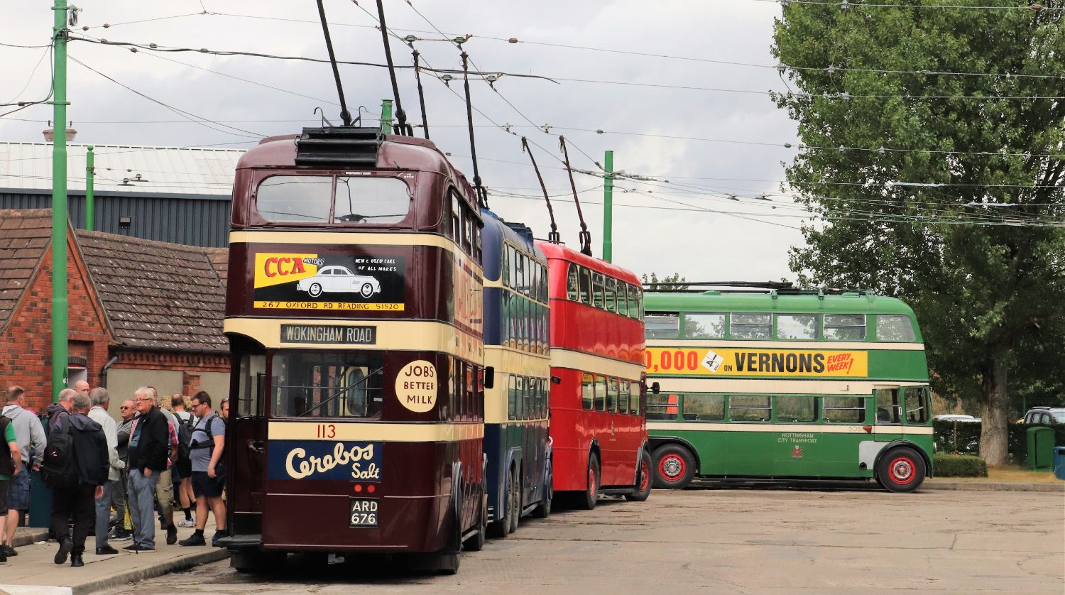 Trolleybuses awaiting their next turn of duty with a Reading AEC 661T featuring English Electric motor at the rear
