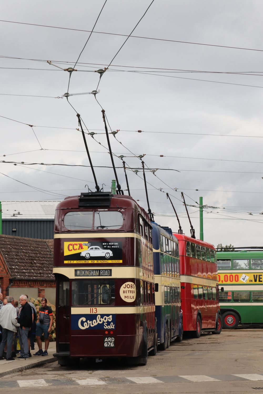 Trolleybuses awaiting their next turn of duty with a Reading AEC 661T featuring English Electric motor at the rear