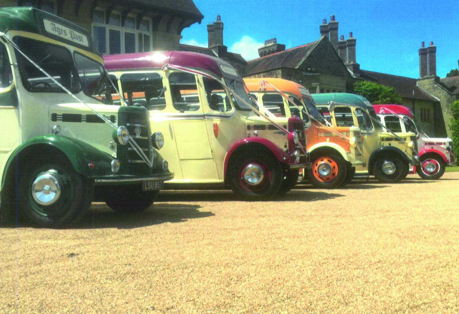 All five OBs lined up together at Coudray Park, Midhurst, showing their contrasting liveries. Hiring all five for a job has become increasingly popular in recent years